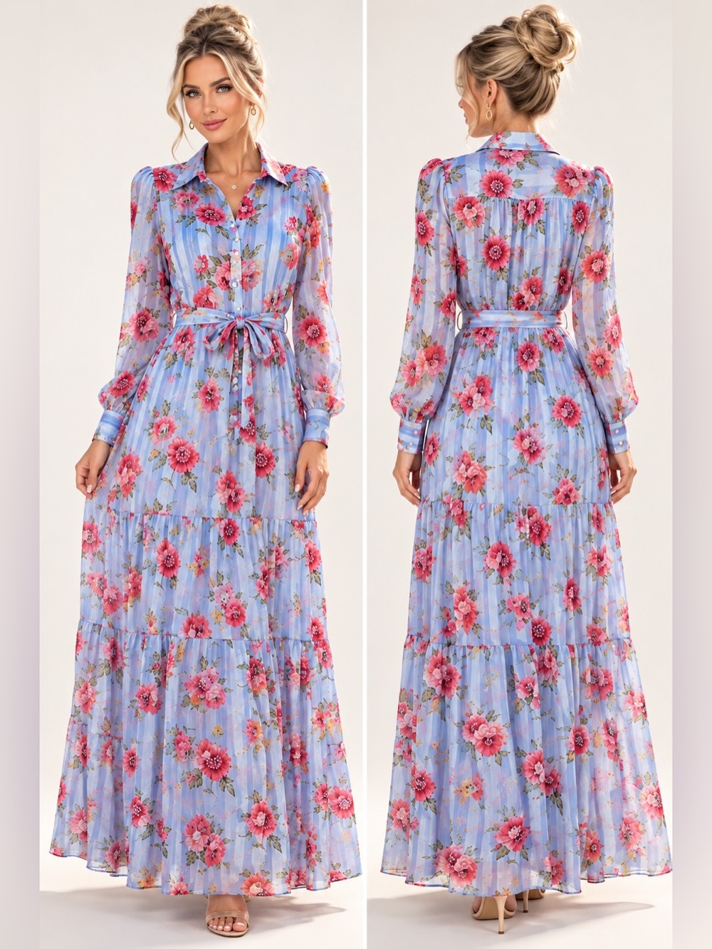 NWT Rosevelvet Blue Floral Maxi Shirt Dress Belted Long Sleeve Size S